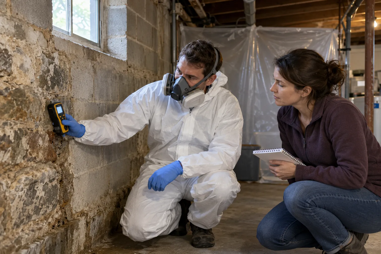 Technician removing dark mold from a bathroom ceiling