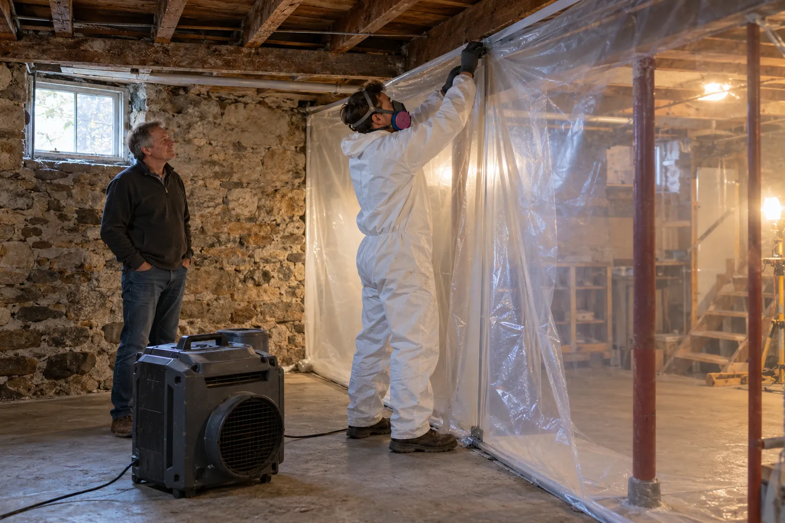 Mold remediation work area sealed with plastic sheeting